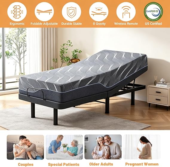Vipbear Premium Twin TXL Adjustable Bed Frame with 12 Mattres