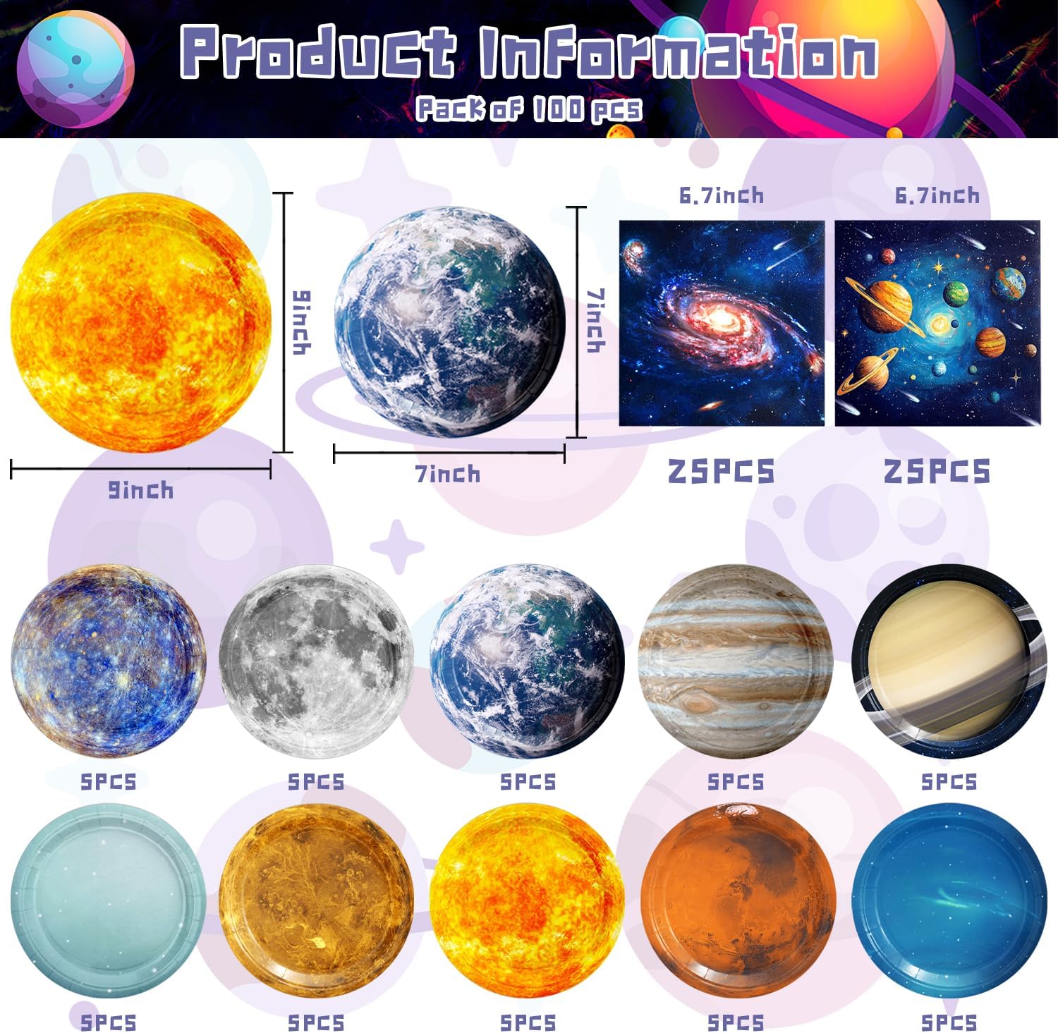 100Pcs Space Party Decorations Galaxy Planet Outer Space Party Decorations Disposable Plates and Napkins for Kids Space Solar System Planets Baby Shower Space Birthday Decorations - Image 2