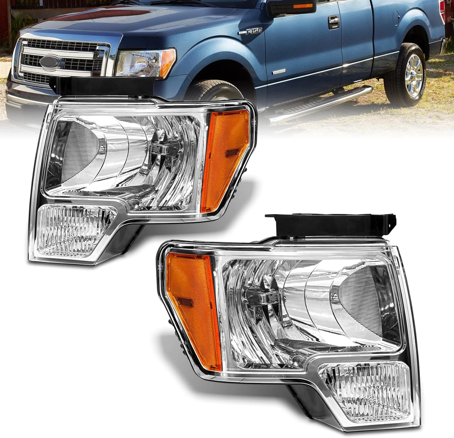 AS for 2009 2010 2011 2012 2013 2014 Ford F150 Pickup Headlight Assembly Compatible with 09-14 Ford F150 Headlight Clear Lens Chrome Housing with Amber Reflector Driver and Passenger Side