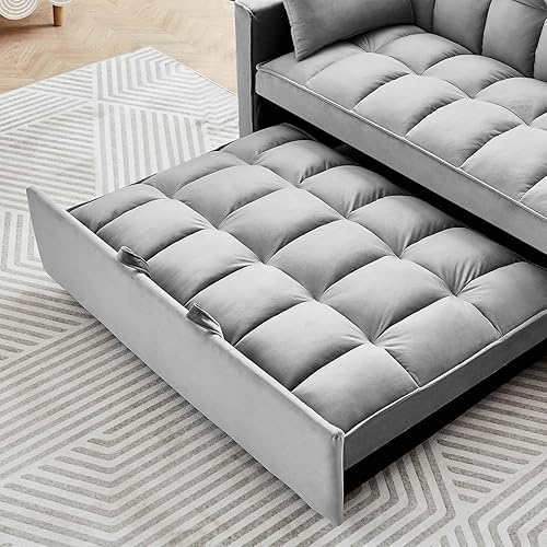Miniatura 17 de Sofá cama convertible 3 en 1, sofá biplaza moderno de terciopelo con almohadas y bolsillos laterales, sofá extraíble de 2 plazas para espacios Crema