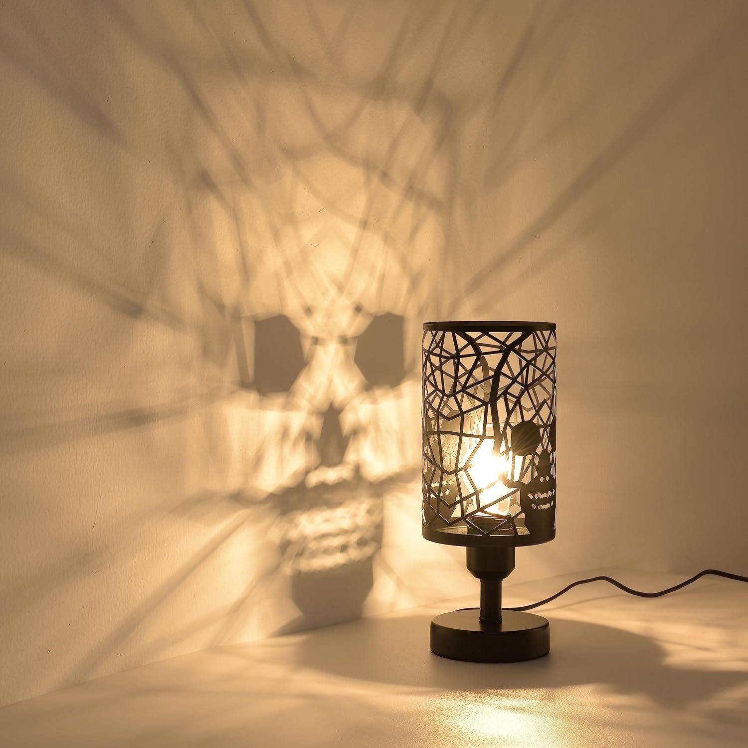 Skull Table Lamp for Bedroom Set of 2, Black Industrial Nightstand Lamp with Plug-in Switch, E26 Goth Desk Lamp with Round Skull Metal Cage Lampshades for Living Room, Festive