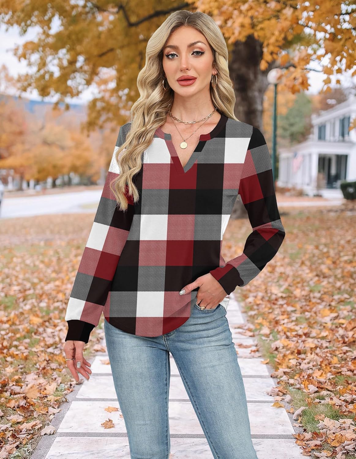 Gloria&Sarah Womens Casual Plaid Long Sleeve Shirts V Neck Fleece Tops Fall Winter Outfits - Image 6