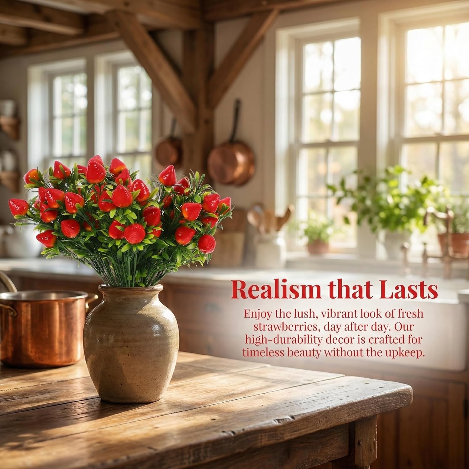 Cabilock 5Pcs Artificial Strawberry Stems 10.6" Realistic Red Berries Stems, Faux Fruit Branches for Summer Farmhouse Kitchen Decor, Berry First Birthday Party Supplies, Tiered Tray Wreath Picks