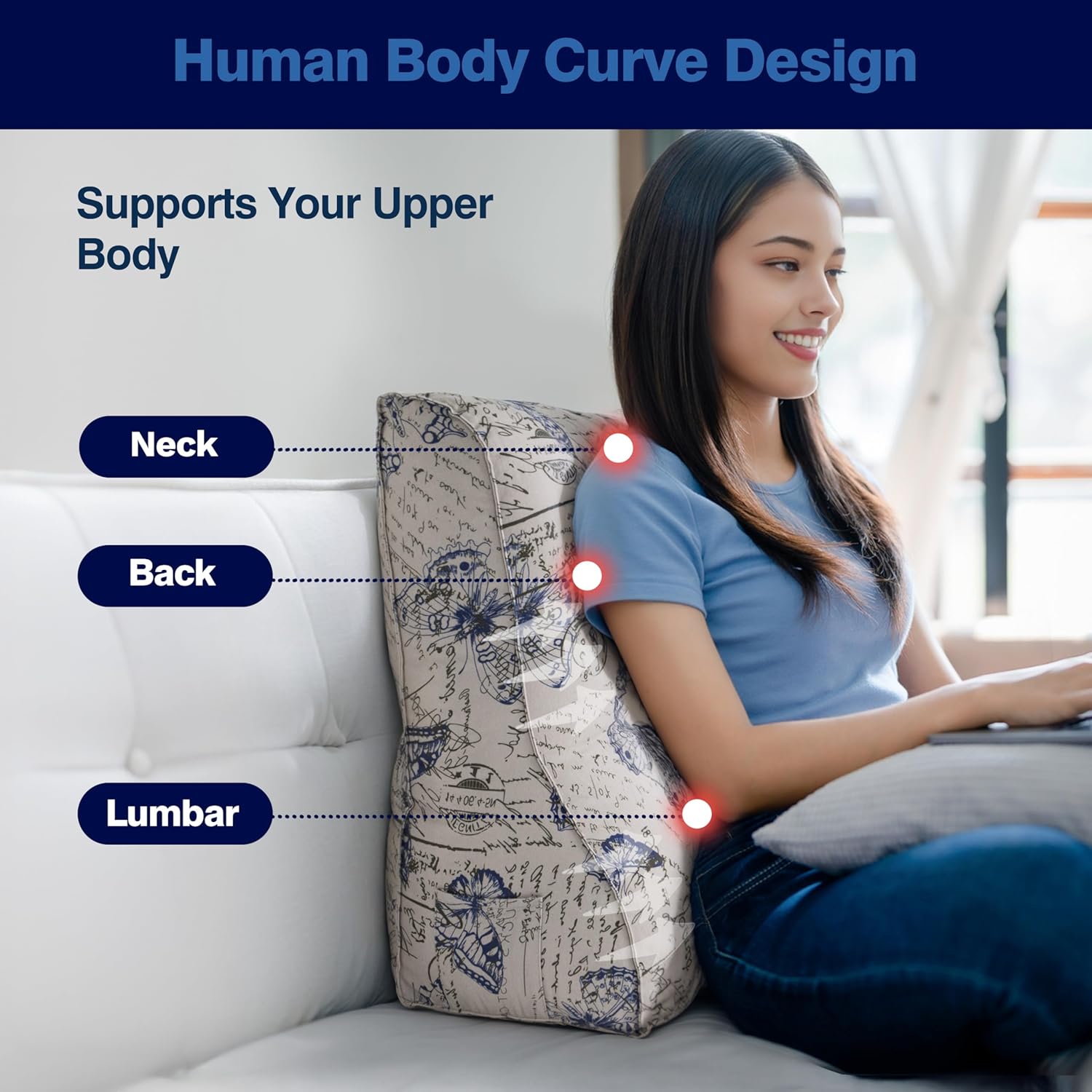 Daneey Reading Pillow for Bed Adult, Back Support Pillow for Bed, Sit Up Pillow Backrest, 24 * 10 * 24IN, 100% Cotton, Printed Floral Pillows for Sofa Couch, Blue