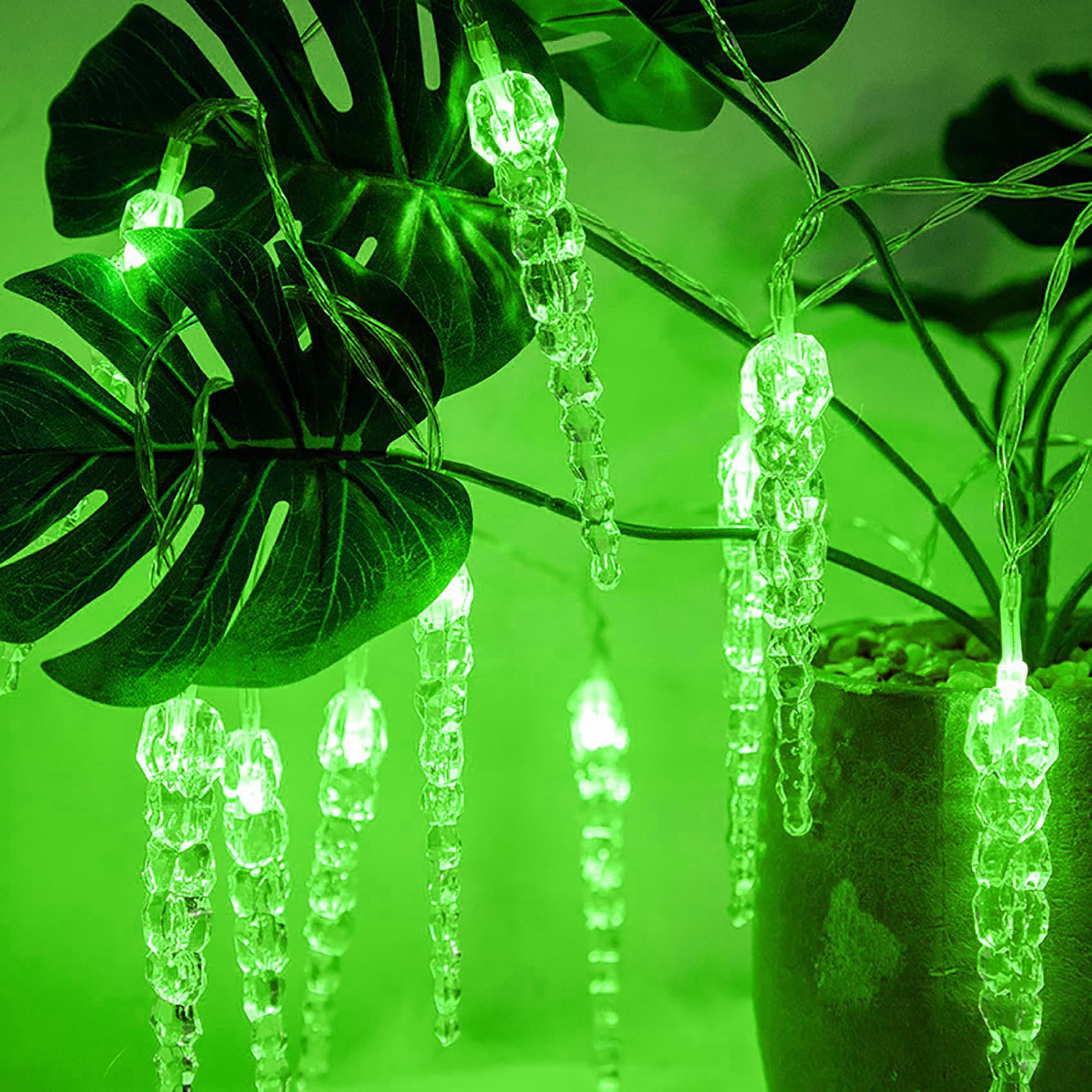 Guirnalda de luces navideñas de carámbanos a pilas, 10M/80LED de cristal acrílico, con múltiples modos, ideal para fiestas navideñas, jardines (verde)