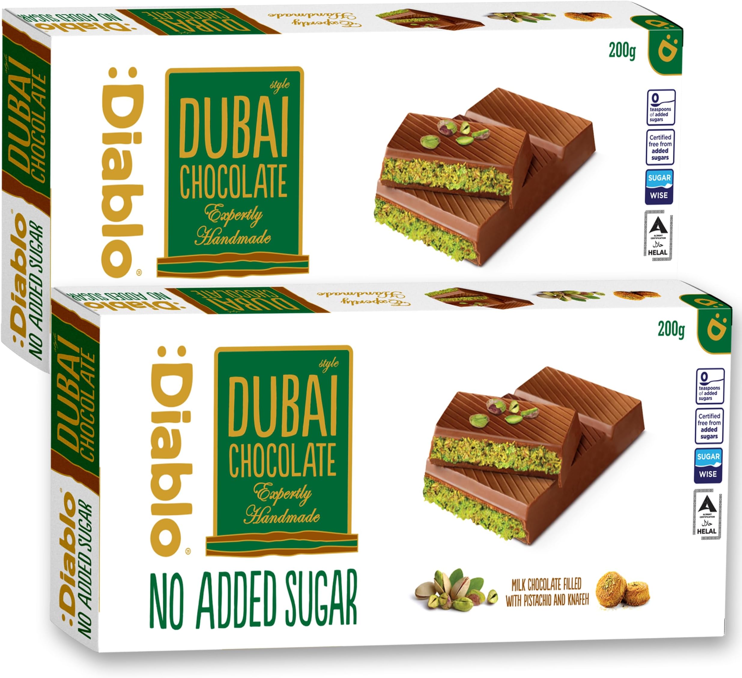 Diablo No Added Sugar Dubai Chocolate Bar – Smooth & Rich No Added Sugar Chocolate for All, Great for Gifting on Christmas, Birthdays, Valentines & More, Ideal Snack for Adults & Kids, 200g Pack of 2
