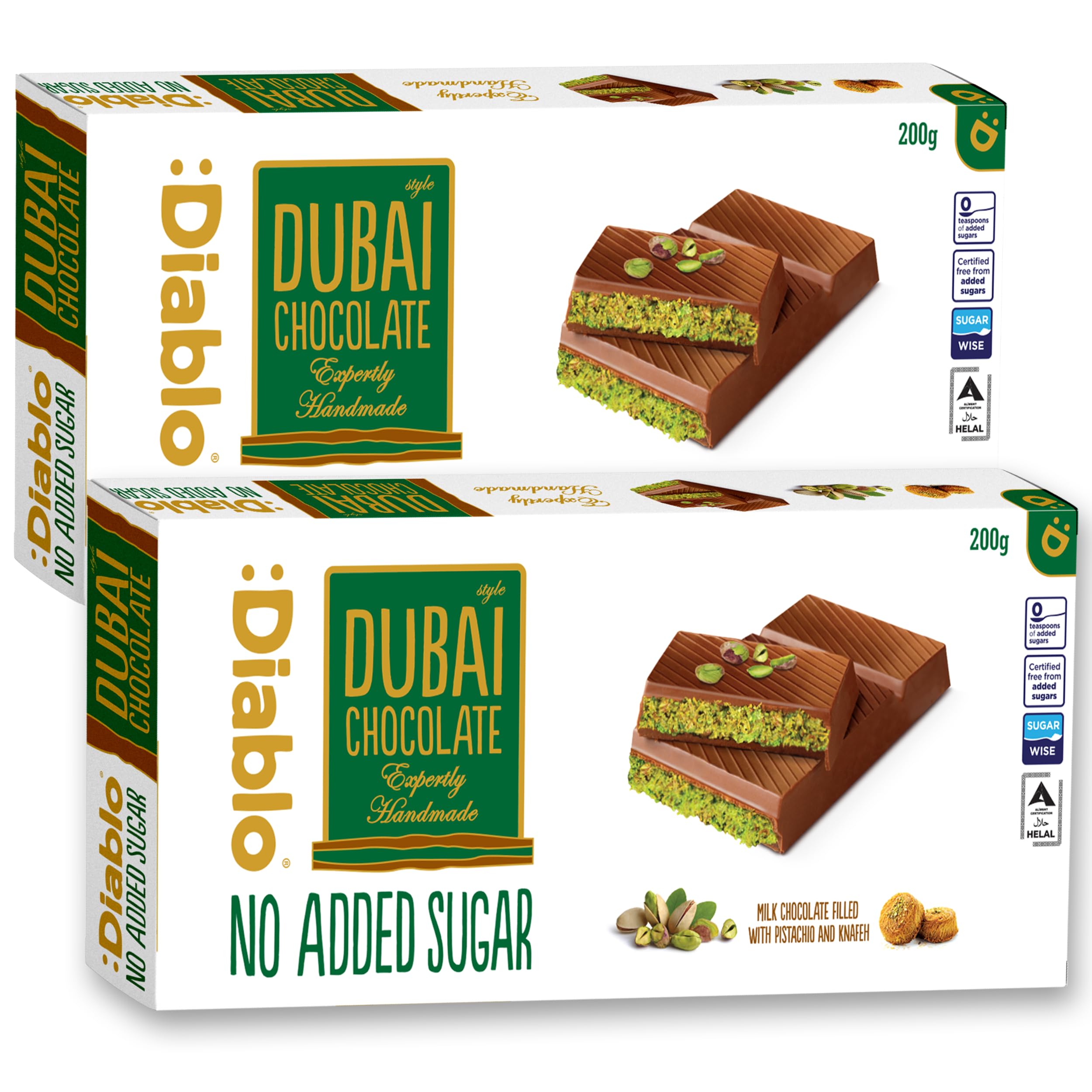 Diablo No Added Sugar Dubai Chocolate Bar – Smooth & Rich No Added Sugar Chocolate for All, Great for Gifting on Christmas, Birthdays, Valentines & More, Ideal Snack for Adults & Kids, 200g Pack of 2