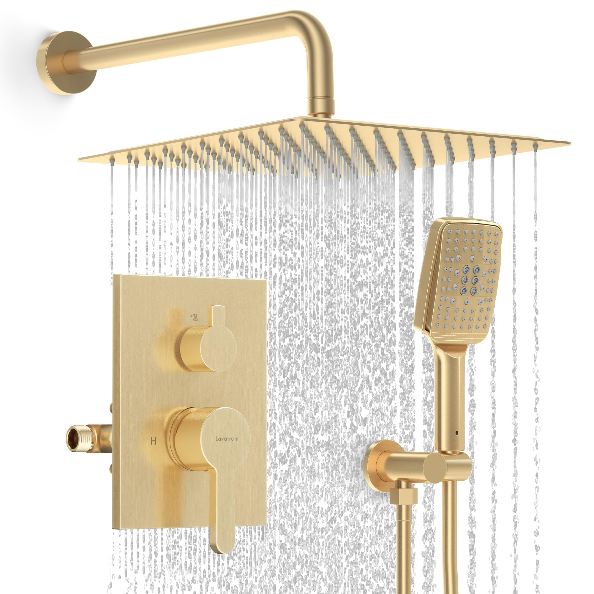 Photo 1 of Shower Faucet Set - 12 inches Rain Shower System with 6 Function Handheld Shower Head Rough in Pressure Balance Valva Kit - Stainless Steel Bathroom Shower Kit Complete Brushed Gold Shower Faucet Set - 12 inches Brushed Gold