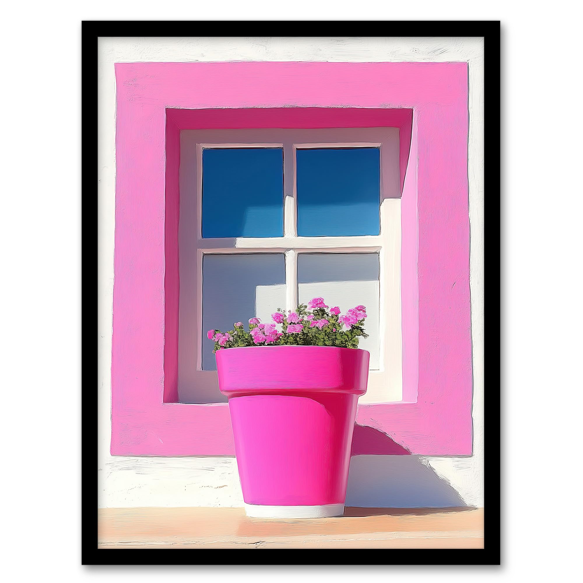 Artery8 Pink Geranium Flower Pot Sunny Window Sill Living Room Artwork Framed Wall Art Print 18X24 Inch