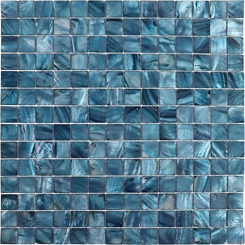 MOP Azulejo de ángulo recto de madreperla en mosaico para salpicaduras en malla para baño y cocina, azul oscuro cuadrado, 10 hojas