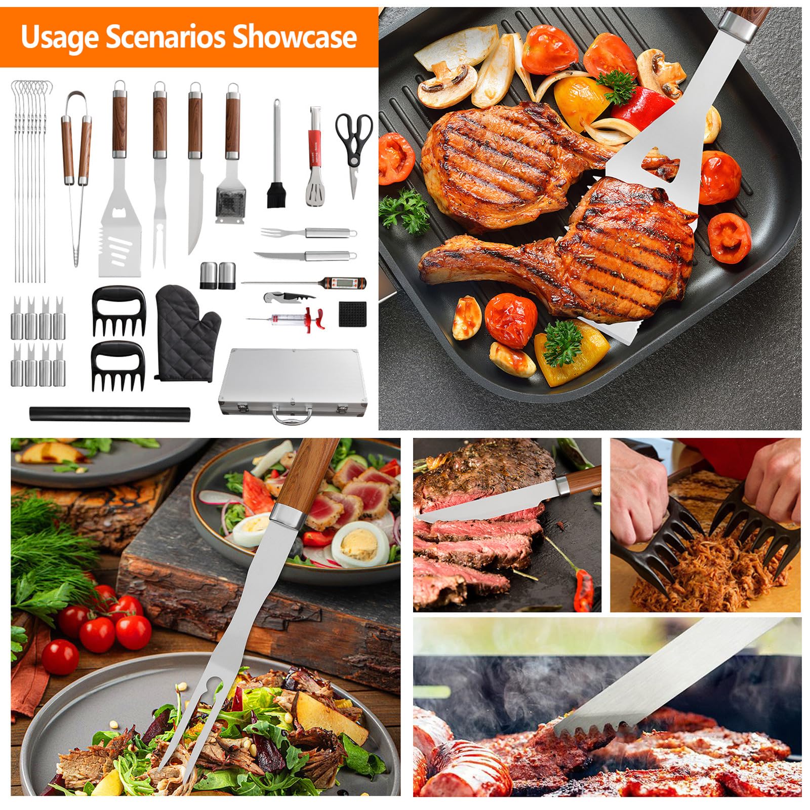 Set Barbecue con valigetta portatile set di utensili per barbecue Include: pinze per barbecue,spatola,forchetta da carne in acciaio inox con Tappetino per Barbecue per Campeggio/Regalo