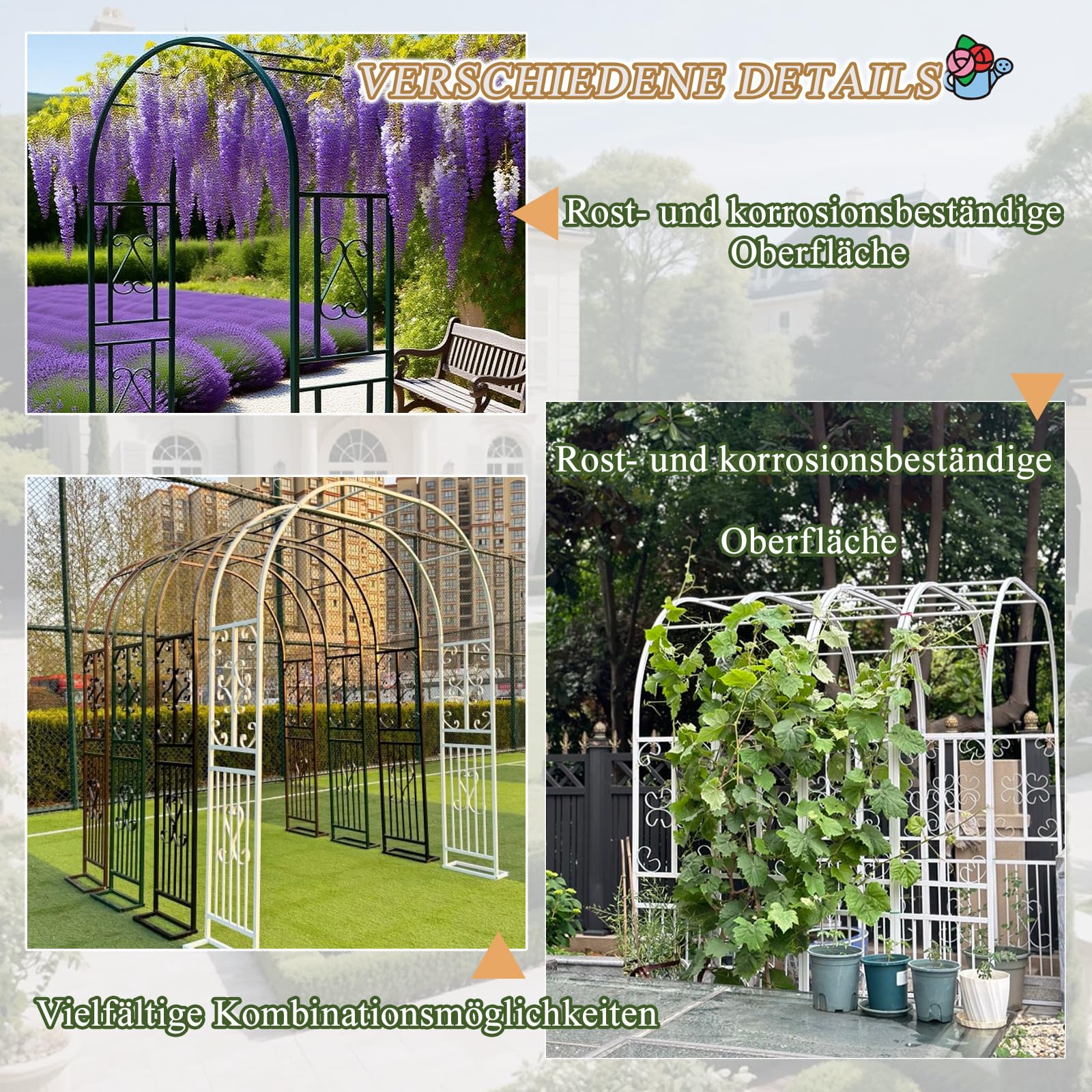 Rosenbogen,Gartenbogen aus Metall,Nützlich Bei Hochzeiten Und Vor Ihrer Haustür，Hochzeitsbogen，Gartentorbogen-L180xW40xH230cm-Weiß-B