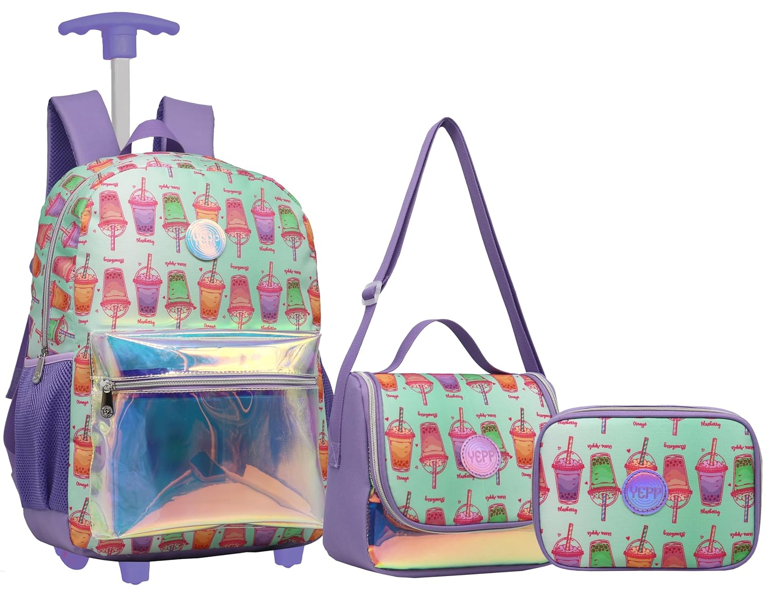 Kit Mochila Rodinha Juvenil Escolar Lancheira Estojo Grande KIT8162 (lilás)