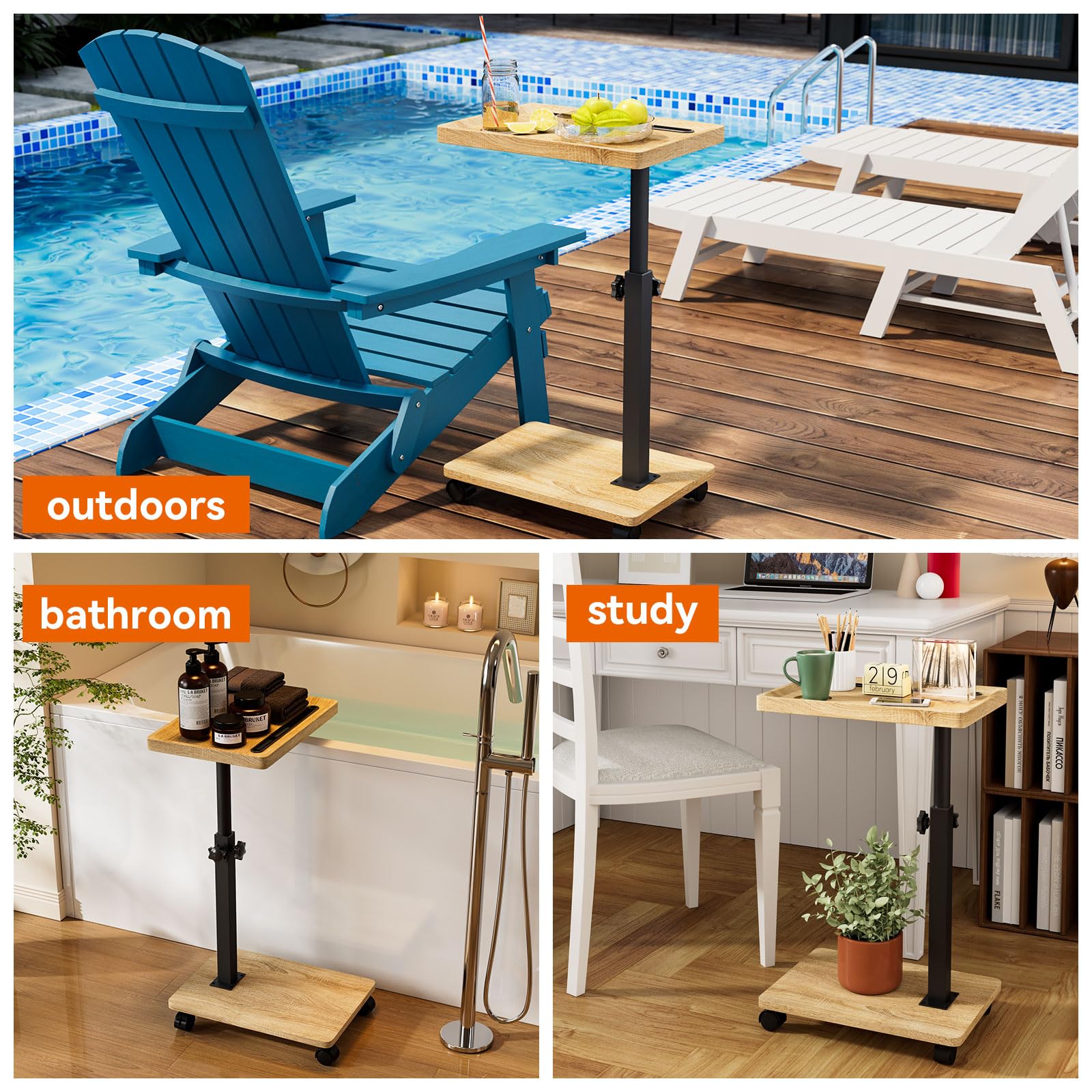 IBUYKE Mesa Auxiliar en Forma de C,con Ruedas,Natural TVT007R | Giratoria 360°,Altura Ajustable,Mesa de sofá para Espacios Estrechos,con Ranura para Tableta,para salón,Dormitorio