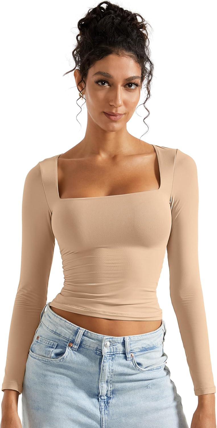 SUUKSESS Women Square Neck Long Sleeve Tops Double Lined Going Out T Shirts - Image 2