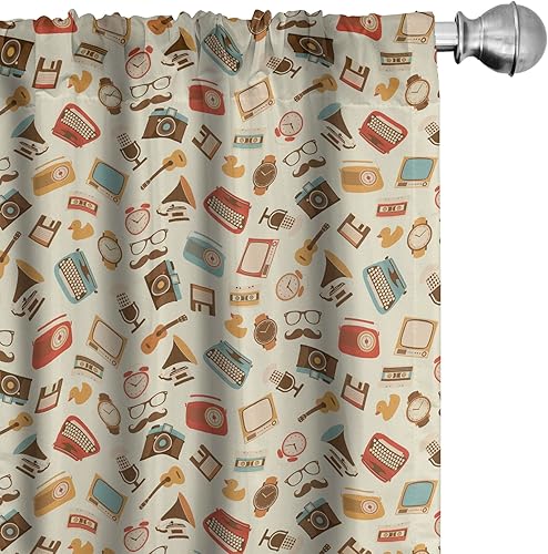 Ambesonne Cortinas vintage para ventana, diseño retro, reloj despertador, máquina de escribir, gramófono, radio, cassette, decoración ligera, juego