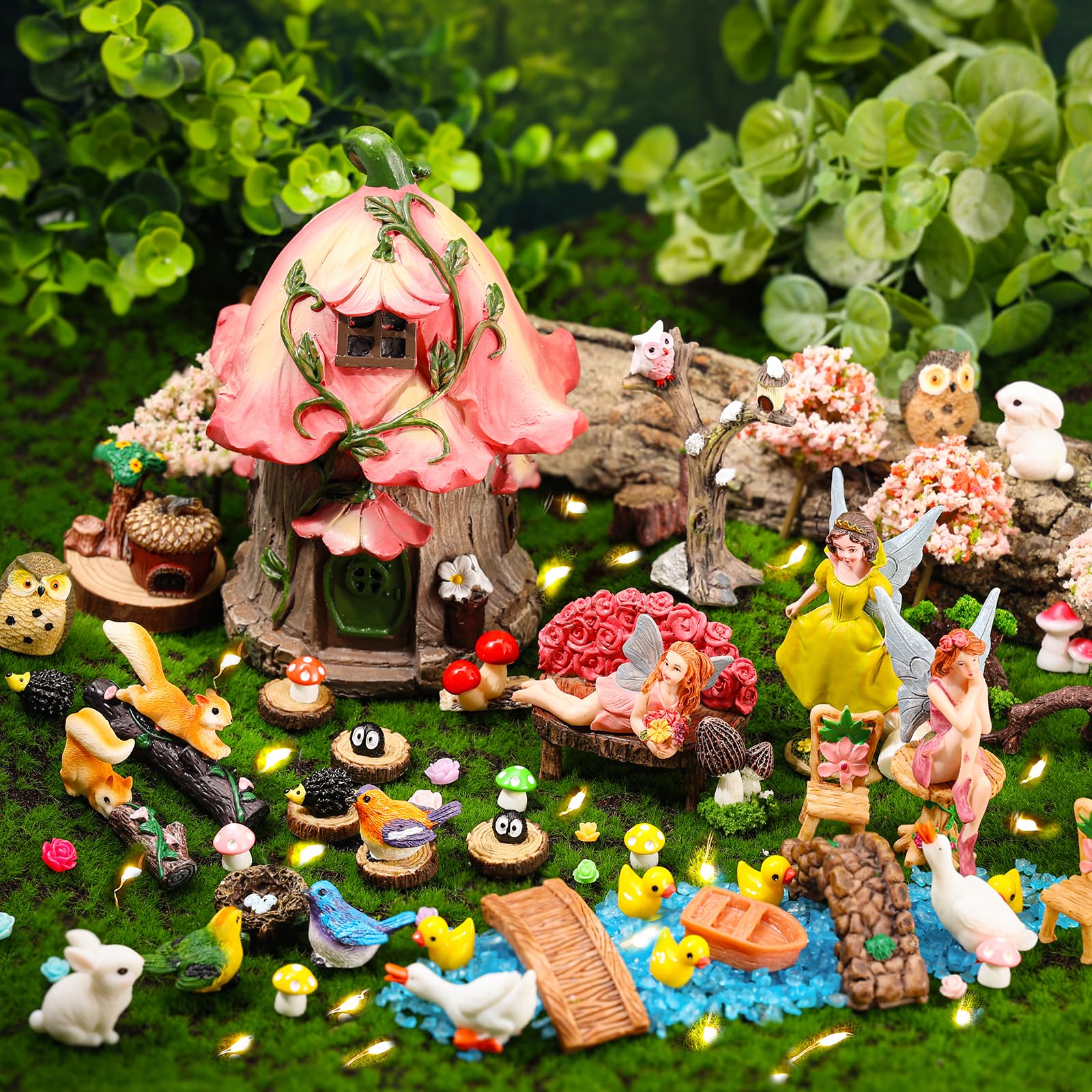 93 Pcs Fairy Garden House Kit - Miniature Resin Accessories, Elves, Animals, Decor for DIY Dollhouse