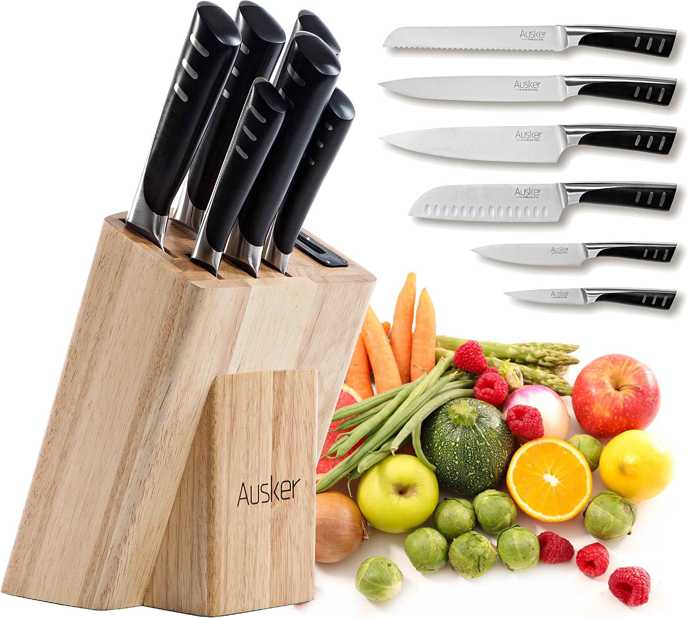 Ausker - Knife Block with Stainless Steel Knife Set, Chef's Knife, Santoku Knife, Office, Multi-purpose, Bread and Meat Knife Sharpener – Set of 6