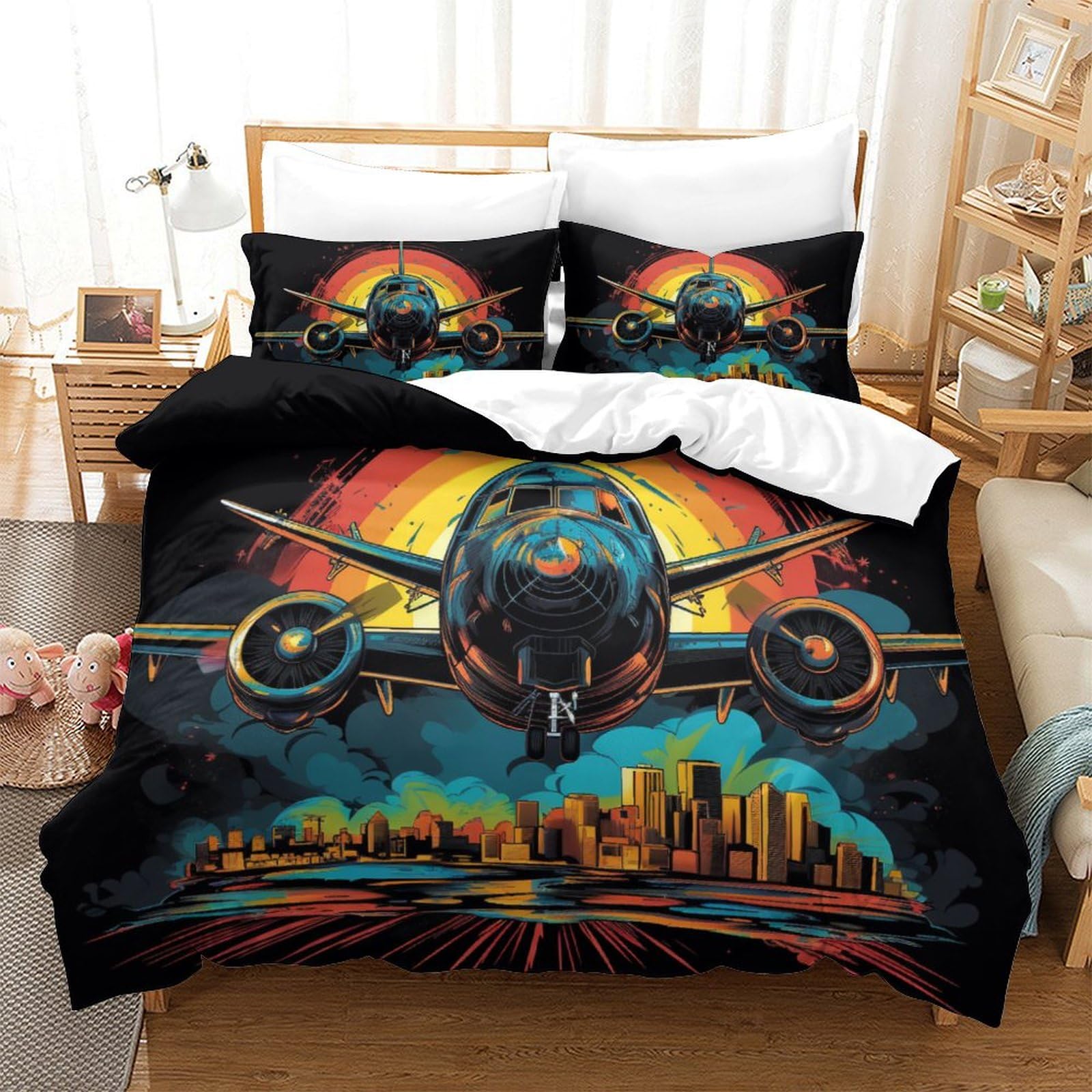 Parure de lit avion 3 pièces en microfibre 260x220 cm avec housse de couette et taies d'oreiller