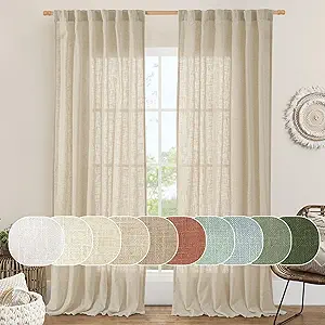 LAMIT Light Filtering Linen Curtains 84 inches Long for Bedroom, Faux Linen Textured Semi Sheer Back Tab and Rod Pocket Burlap Boho Modern Drapes for Living Room/Farmhouse, 2 Panels, 52 x 84 Inch