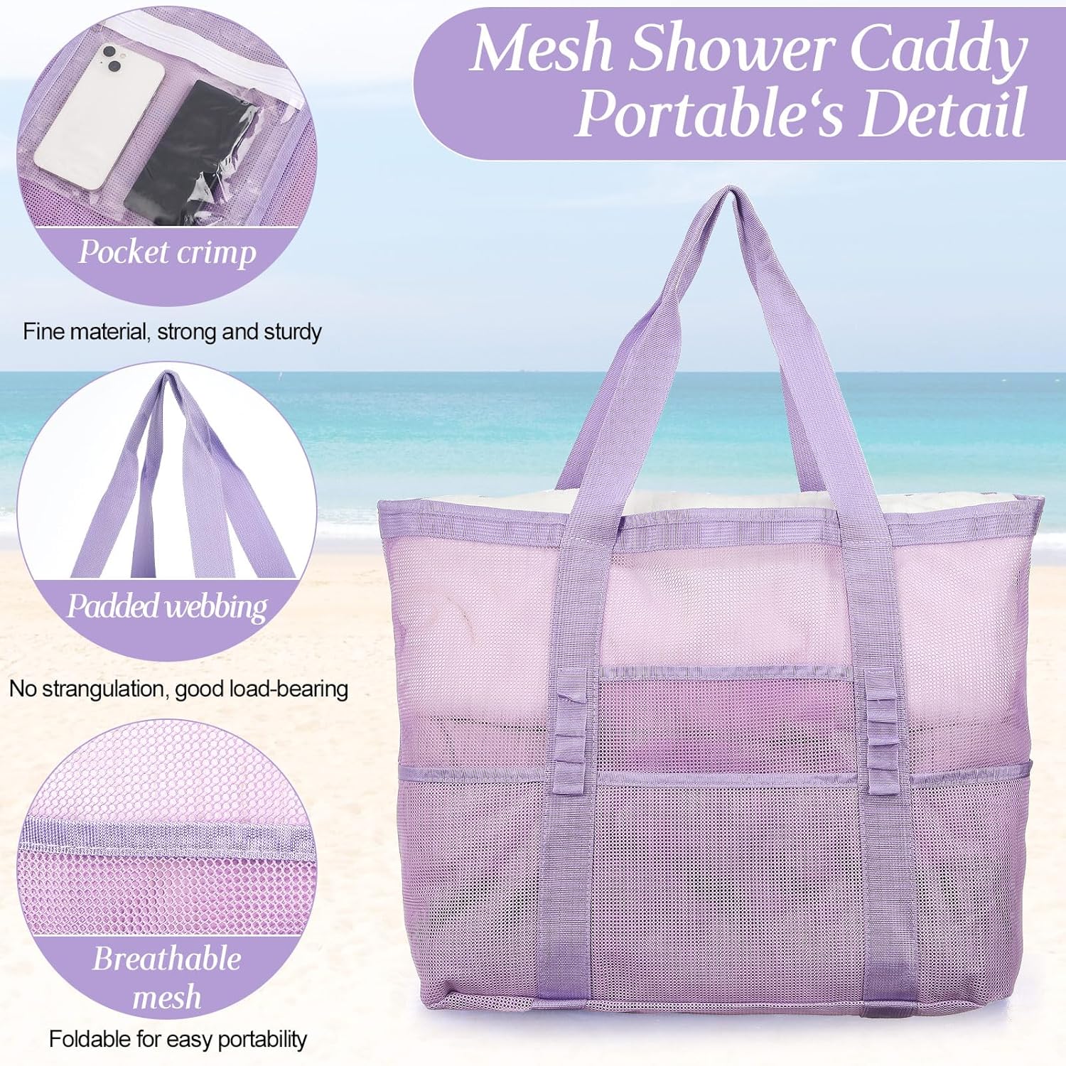 Hillban Large Beach Mesh Bags Bulk for Women Beach Tote Bag with 8 Pocket Zipper Waterproof Sandproof for Pool Cruise Ship