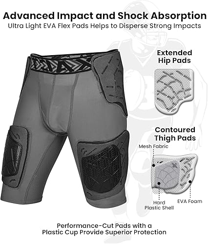 Miniatura 28 de Exxact Sports Gladiator - Faja de fútbol para adultos de 5 almohadillas para hombres con cadera, muslos, almohadillas para coxis, pantalones cortos