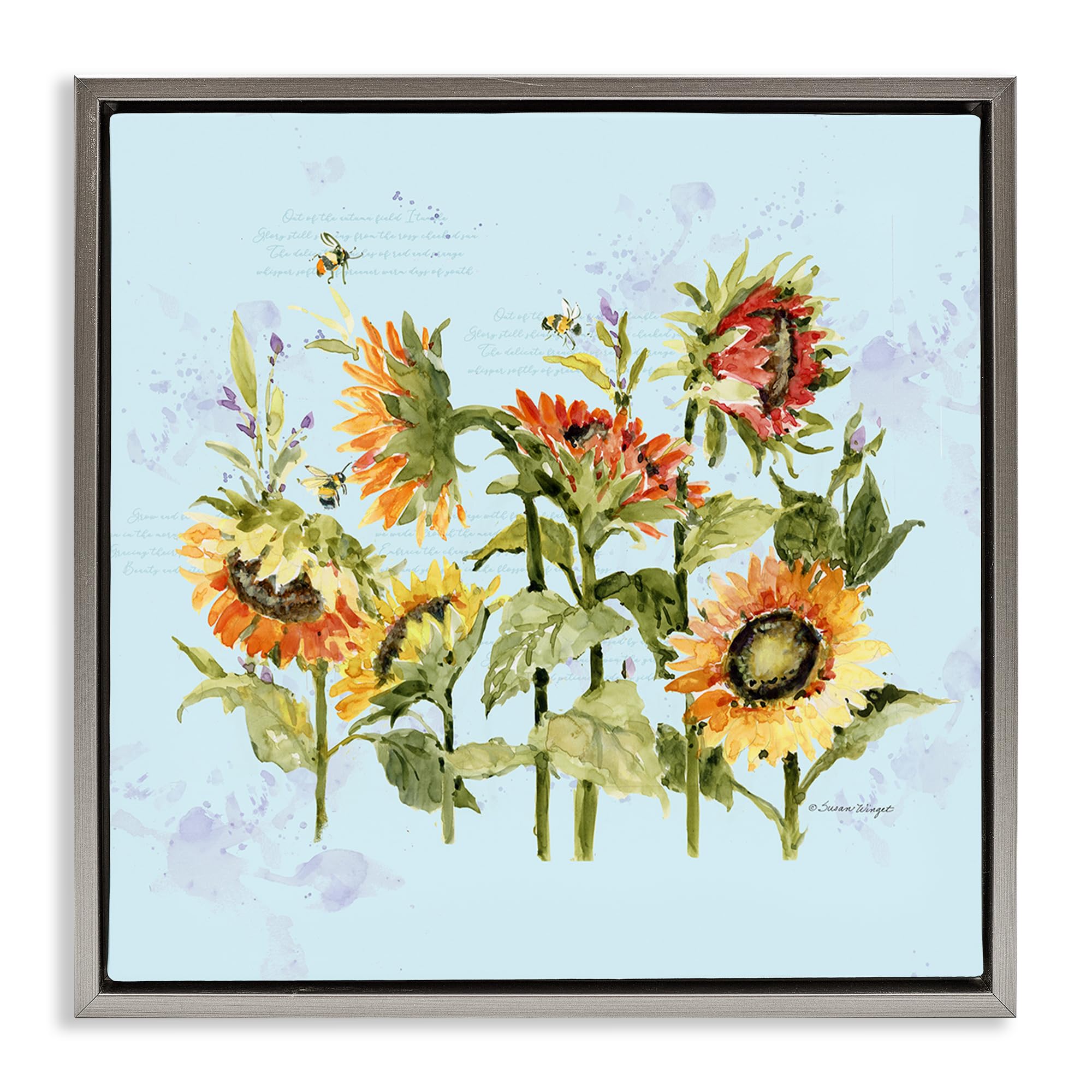 Stupell Industries Luster Gray (Matte) 'Sunflowers & Bee On Blue'| Floating Frame Canvas Art