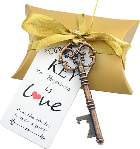 Makhry Juego de 50 piezas de abrebotellas de esqueleto vintage, recuerdos de boda, recuerdos personalizados con cajas de dulces y cintas para bodas,