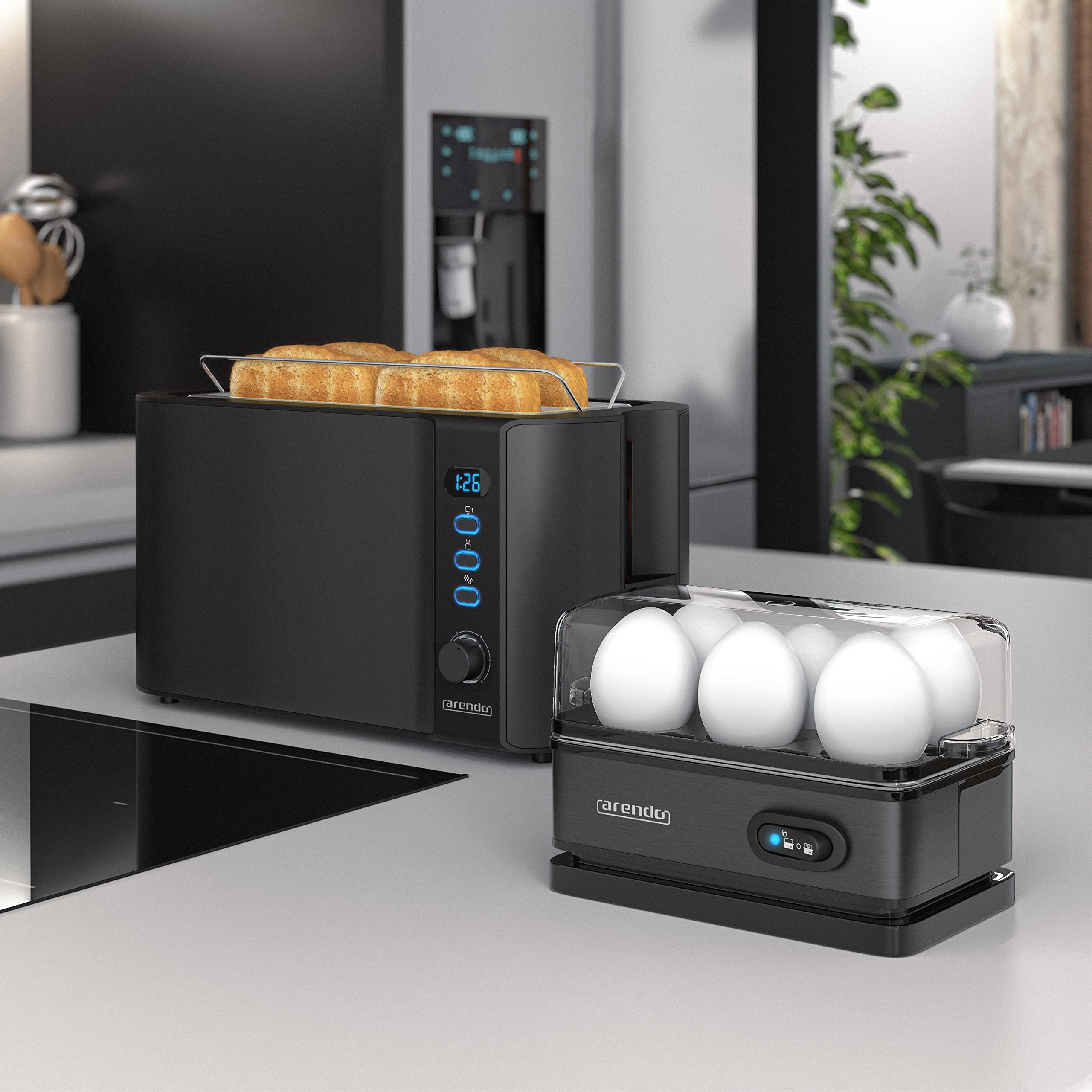 Arendo - SET Eierkocher SIXCOOK mit Toaster FRUKOST Edelstahl Schwarz, Toaster 4 Scheiben, LED-Display, 6 Bräunungsgrade, Brötchenhalter - Eierkocher 1-6 Eier, Messbecher