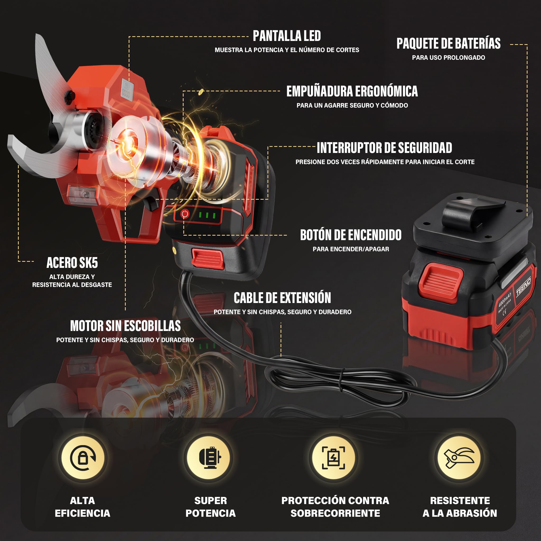 TEENO Tijeras de Podar Eléctricas, con Baterías 8000 mAh, Tijeras de Poda de 50mm Tijeras de Motor Brushless para Jardinería, Cable de extensión 1,05 m,Árboles Frutales, Viñedos