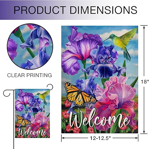 Miniatura 2 de Bandera de bienvenida para jardín de colibrí de primavera de doble cara, flor morada, pájaro amarillo, mariposa, decorativa, casa, patio, decoración