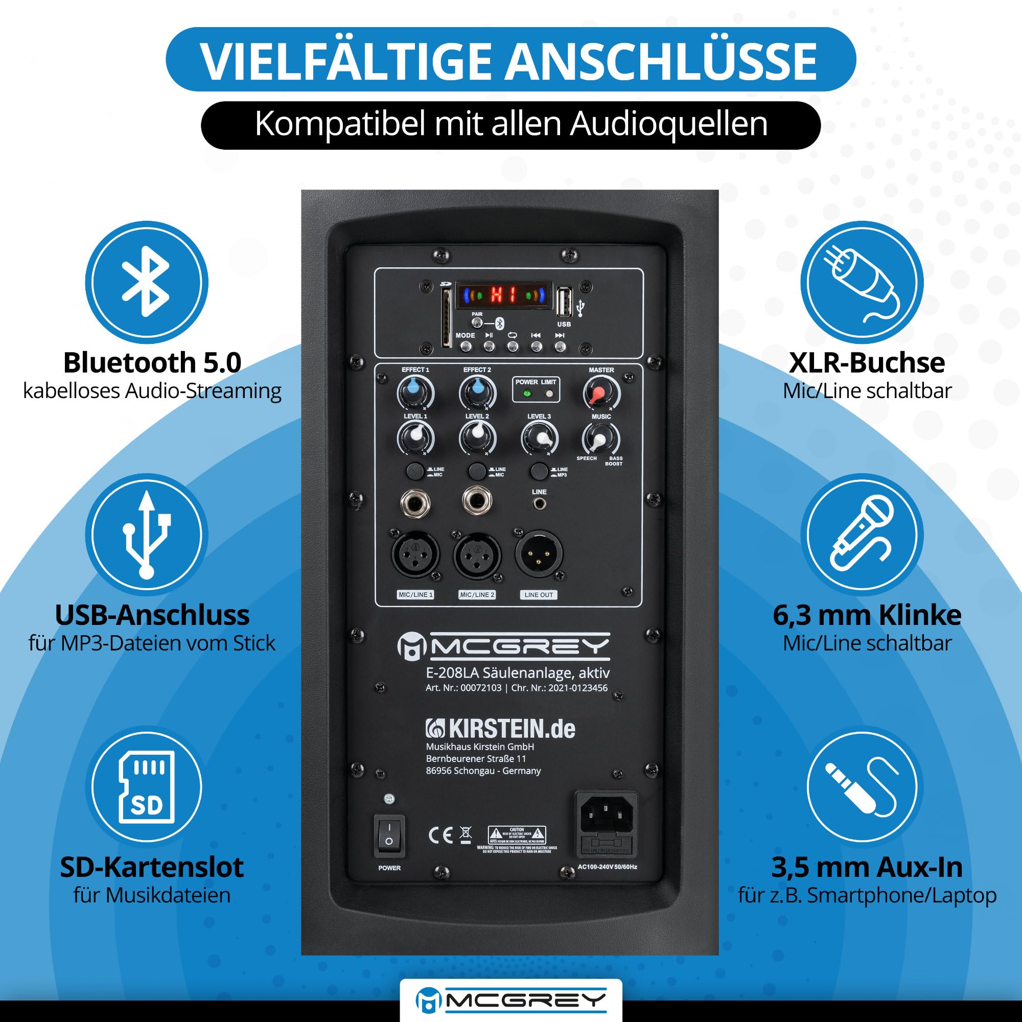 McGrey E-208LA Aktiv Line Array Säulenanlage Stereo Set 2x 100W RMS 8" Subwoofer 2,5" Lautsprecher Bluetooth Schwarz