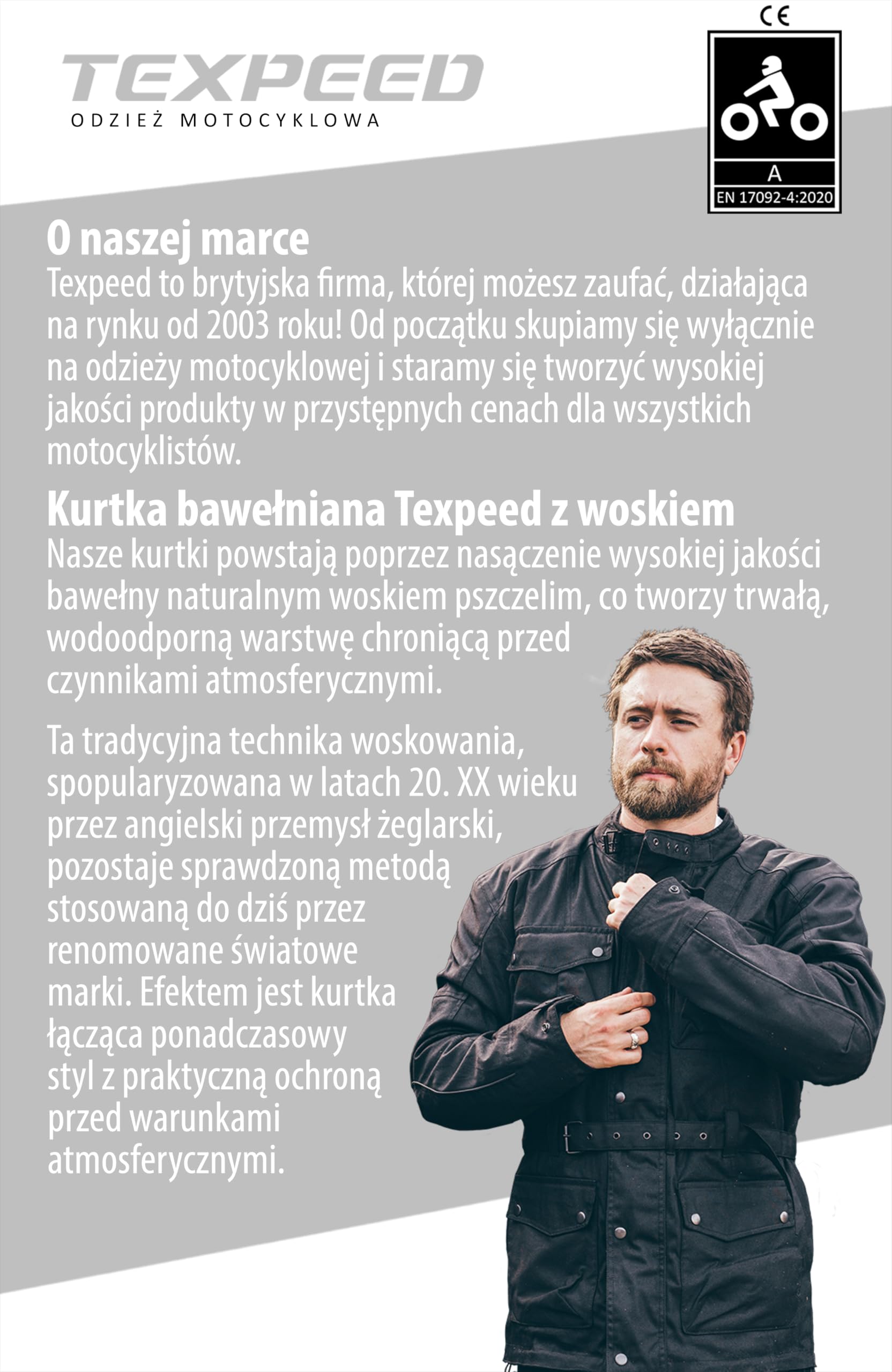 Texpeed Wodoodporna, woskowana męska kurtka motocyklowa Cordura z czarną zbroją (EN 1621-1) - (XL)