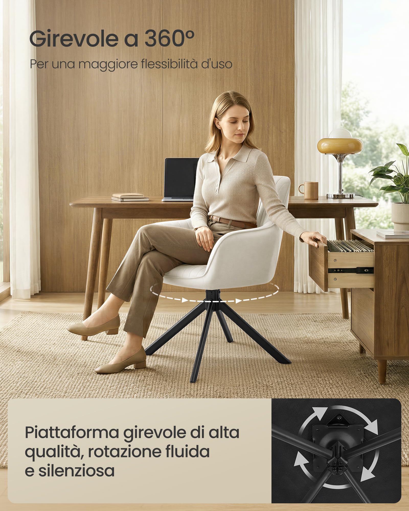 SONGMICS Sedia da Pranzo, Portata 120 kg, Poltrona Girevole Imbottita con Braccioli, Velluto, Gambe in Acciaio, per Sala da Pranzo Cucina, Beige Cappuccino e Nero Inchiostro KDC161LH01V2
