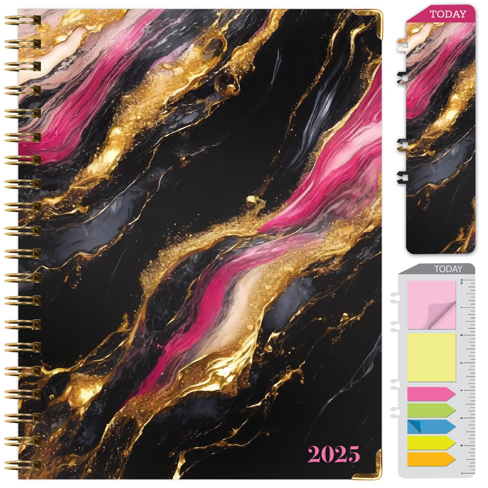 hardcover 2025 planner, 8.5"x11": 14 months (november 2024 - december 2025), daily weekly monthly planner, yearly agenda, bookmark, pocket folder and sticky note set (dark gold marble)