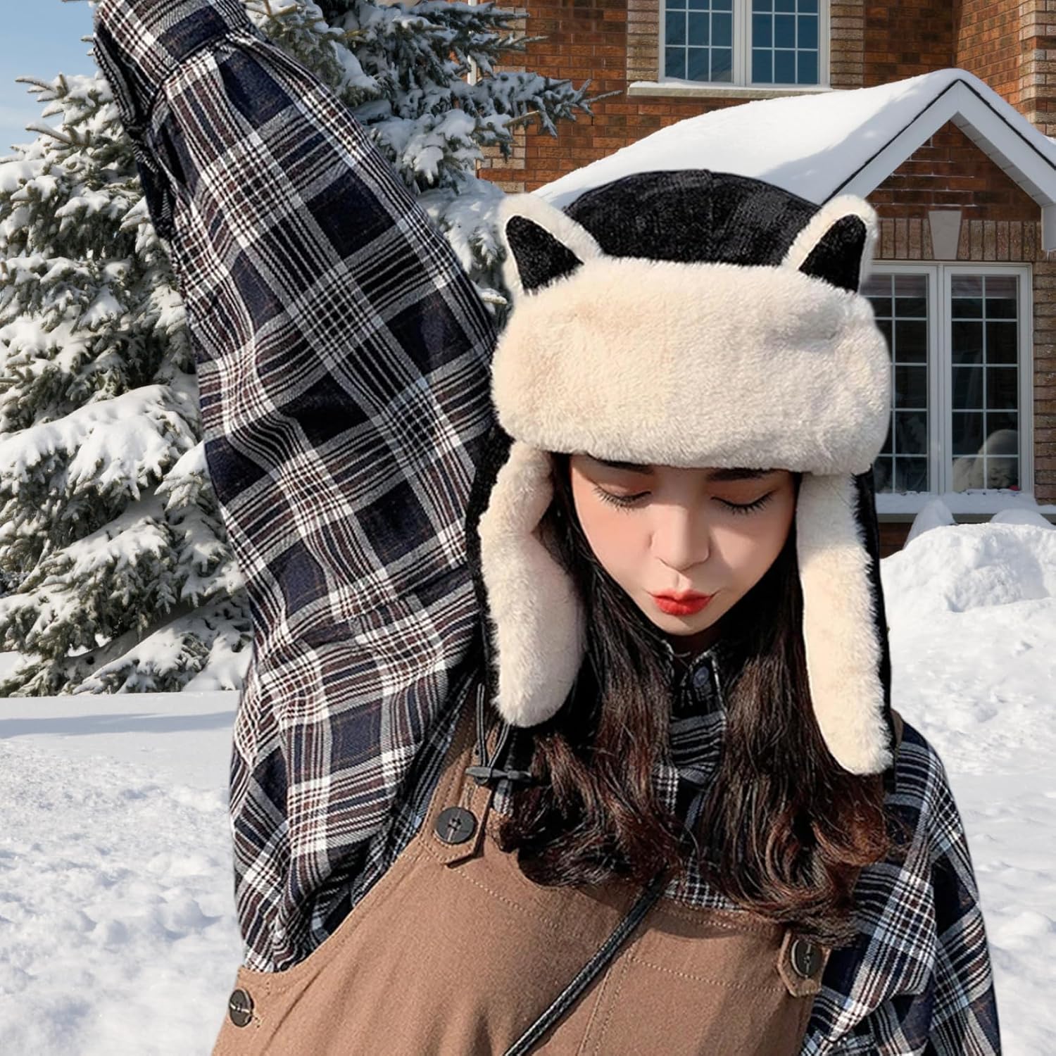 Trapper Hat with Ear Flaps Warm Windproof Winter Hat with Fleece Lined for Women Girls Men Cycling Black