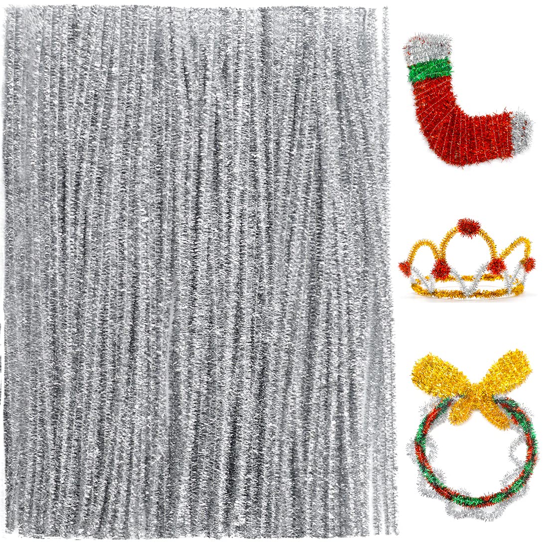 Praisebank Silver Glitter Pipe Cleaners for Crafts, 200pcs, Chenille Stems for DIY Projecets, Arts &amp; Crafts Supplies for Festival Party Decorations