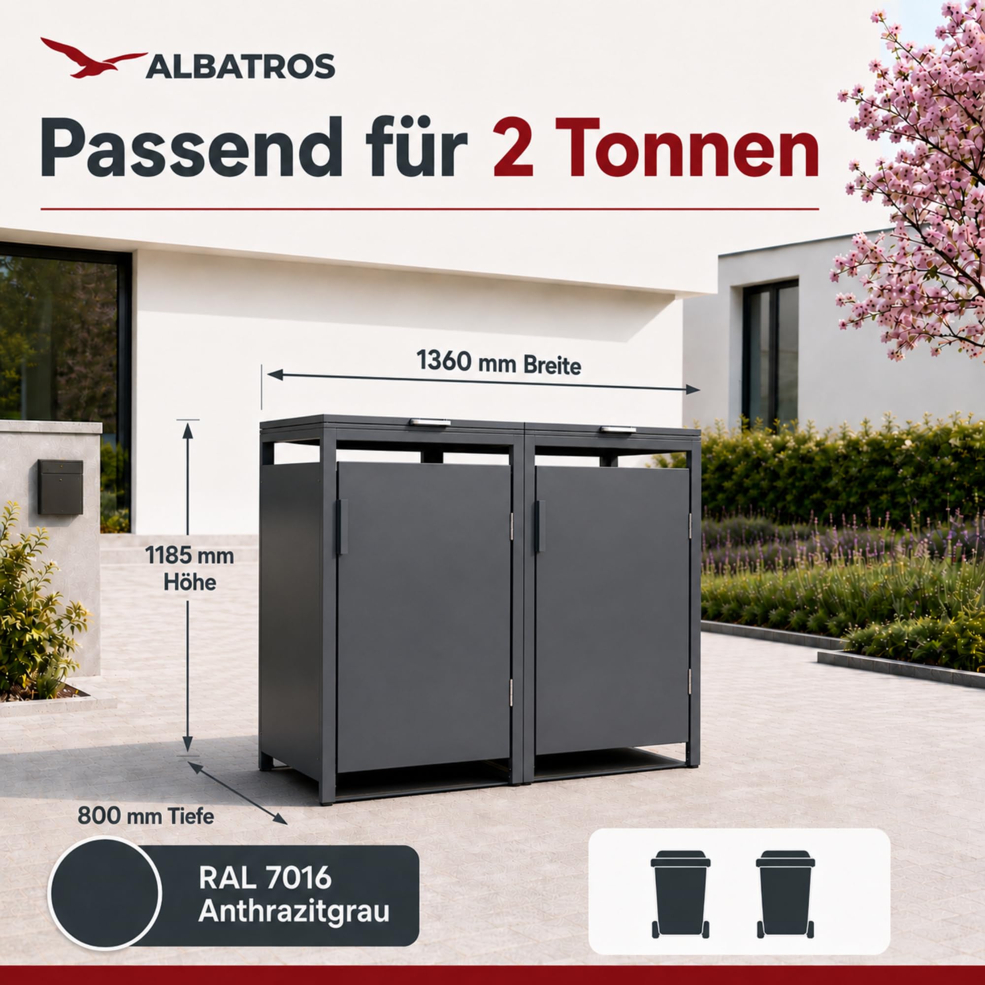 ALBATROS Mülltonnenbox 2er Hauswandversion, 120L bis 240L, für Zwei Tonnen, verzinktes Metall RAL7016 Anthrazit, offene Rückseite, bessere Belüftung, wetterfest, verstellbare Füße