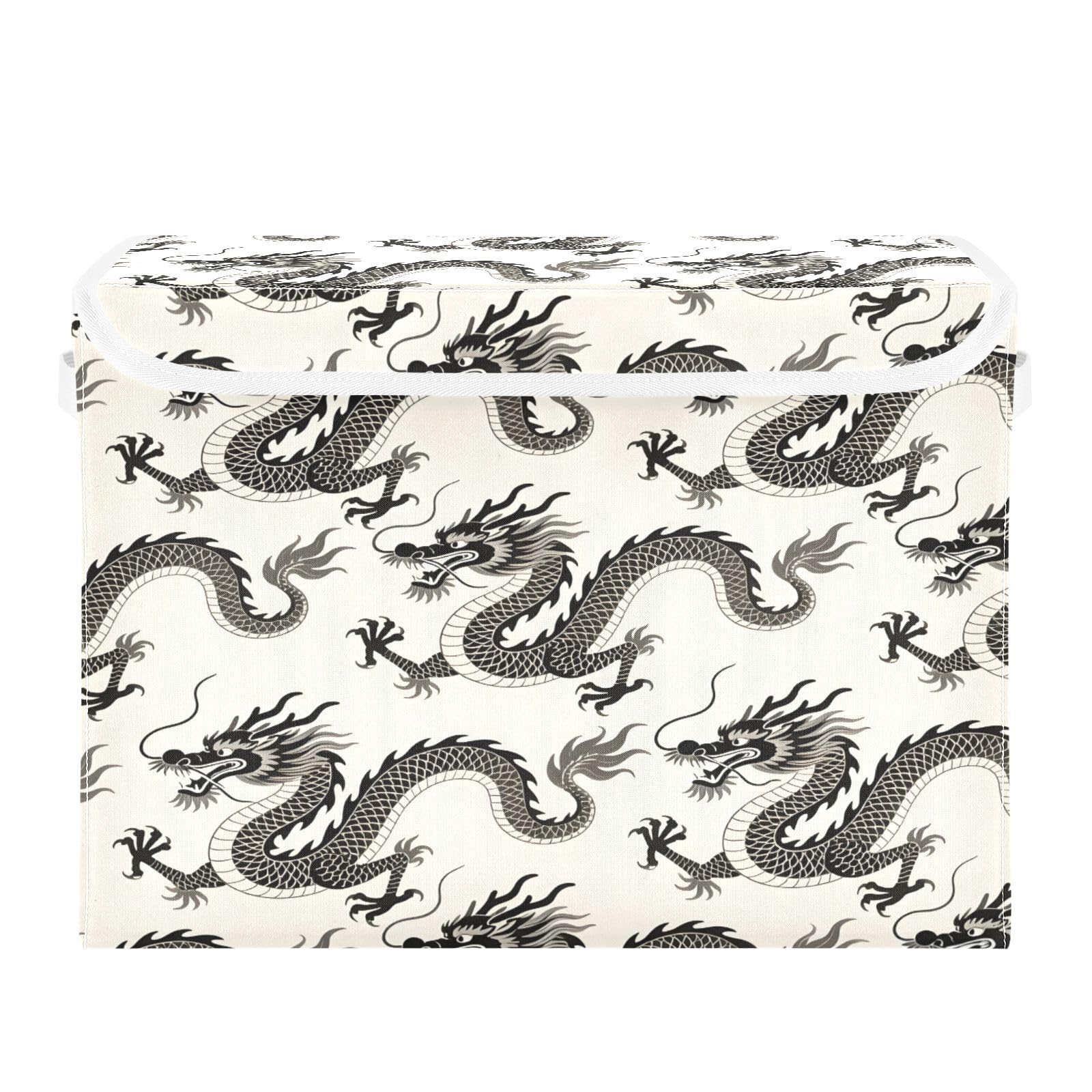 Ewusp Dragon Fabric Storage Bin with Lid, Decorative Foldable Storage Basket with Handles, Stackable Closet Shelf Organiser Box for Clothes, Books, Bedroom, Living Room