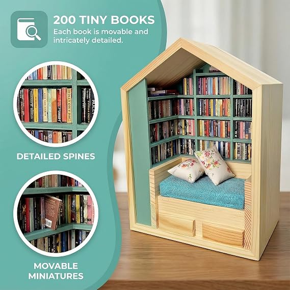 Zimoer Mini Bookshelf with 200 Mini Books, Anxiety mini Book Shelf Decor, Small Display Shelf for Desk, Home & Office – Miniature Books Ornament Gift for Book Lovers (Green)