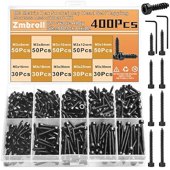 M3 Socket Head Cap Self Tapping Screw Black Grade 8.8 Carbon Steel Metric 400Pcs M3x6/8/10/12/14/16/18/20/25/30mm Socket Allen Head Self Drilling Fasteners Hex Drive Wood Screws