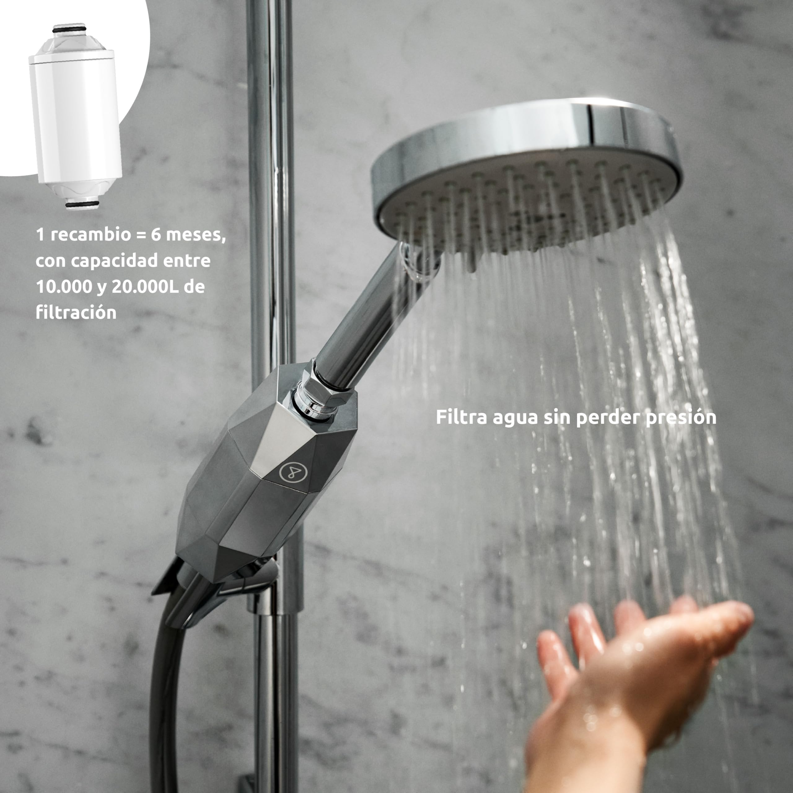 Tappwater ShowerPro Diamond - Filtro para Ducha. Filtra la Cal, el Cloro y +60 sustancias. Diseño único. Filtración en 4 etapas y tecnología KDF-55 para piel suave y pelo fuerte. 6 meses - 20.000L