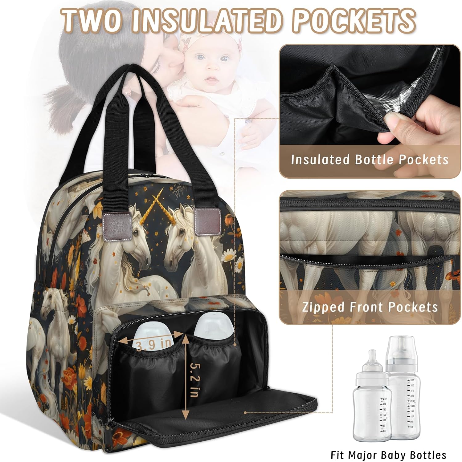 Funny Unicorn Diaper Bag Backpack Essentials Travel Tote Bags Multifunction Waterproof Work Daypack with USB Charging Port Insulated Pockets