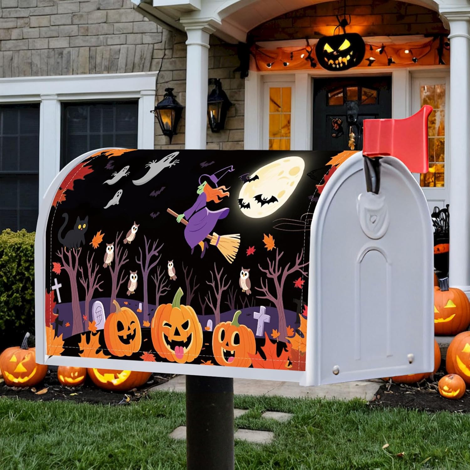 Pumpkin Mailbox Covers Magnetic 21"x18" Fall Halloween Bat Post Letter Box Cover Scary Night Ghost Witch Mailbox Wrap Forest for Outside Garden Decor Fall Autumn