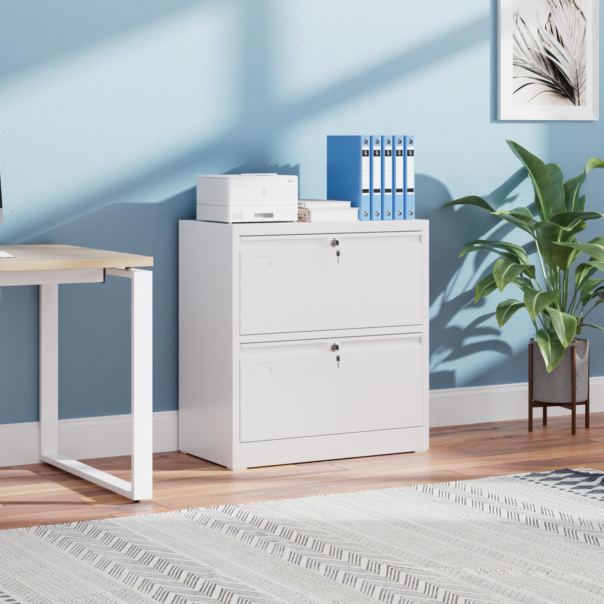 Armoire de rangement en métal avec 2 tiroirs, grand volume de rangement, armoire de classement avec serrure, grande capacité, adaptée pour la maison, le bureau, blanc