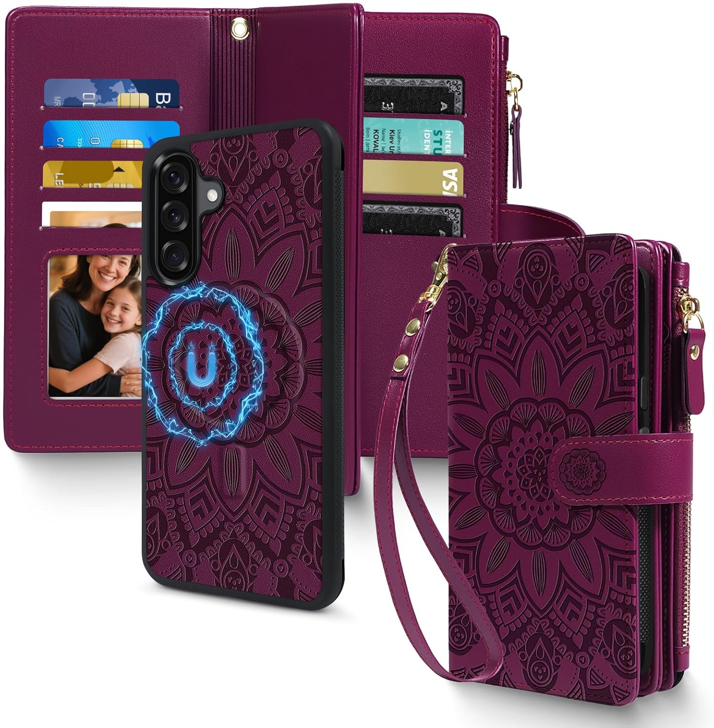 Harryshell 2 in 1 for Samsung Galaxy A17 / A26 Wallet Case Magnetic Compatible with Magsafe RFID Blocking Card Holder Detachable Phone Cover Zipper Purse Kickstand Wrist Strap Women Floral Burgundy