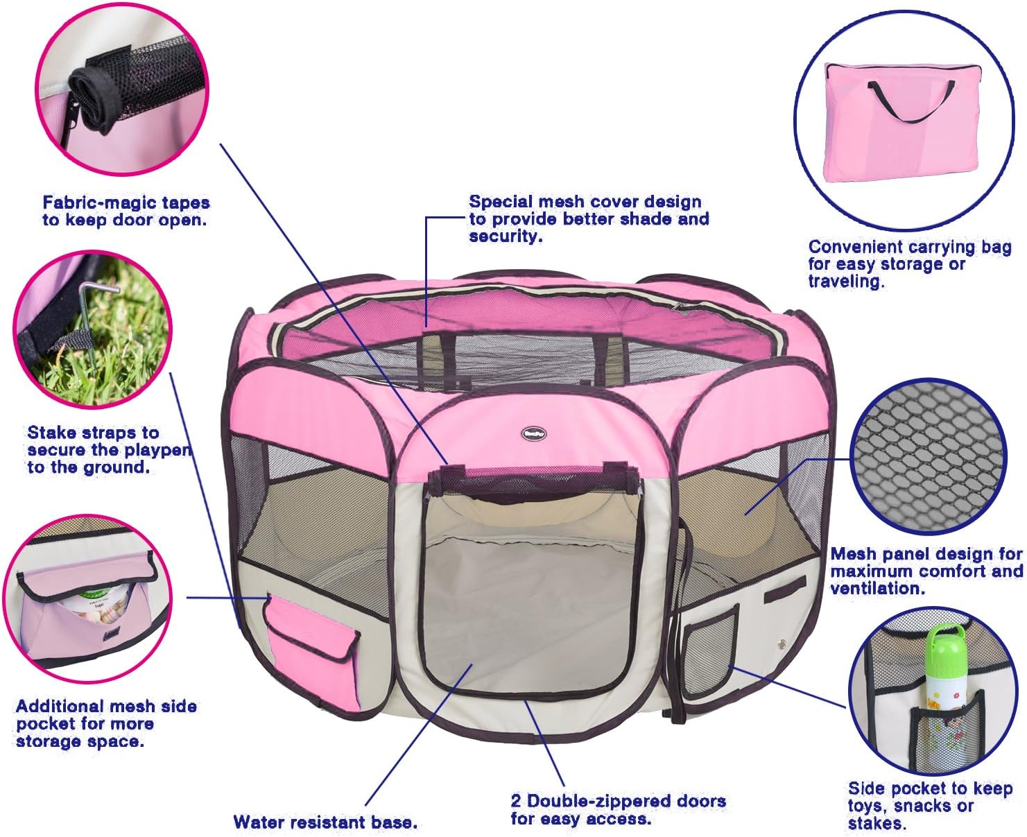 EXPAWLORER 45" Dog Playpen Puppy Exercise Kennel Cat Portable Foldable Pen for Small Medium Pets, with Carry Bag, Pink