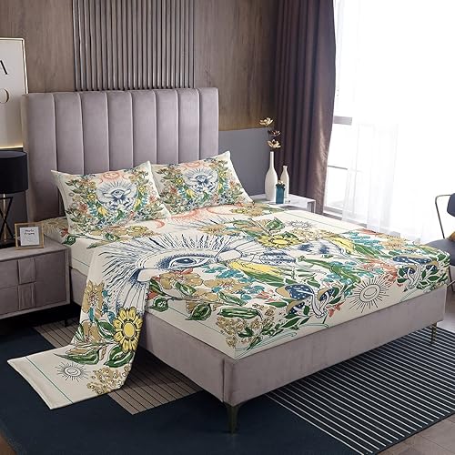 Miniatura 1 de Erosebridal Juego de sábanas de mariposa hippie con sol y luna, juego de sábanas tamaño Queen, juego de sábanas florales groovy con hongos y