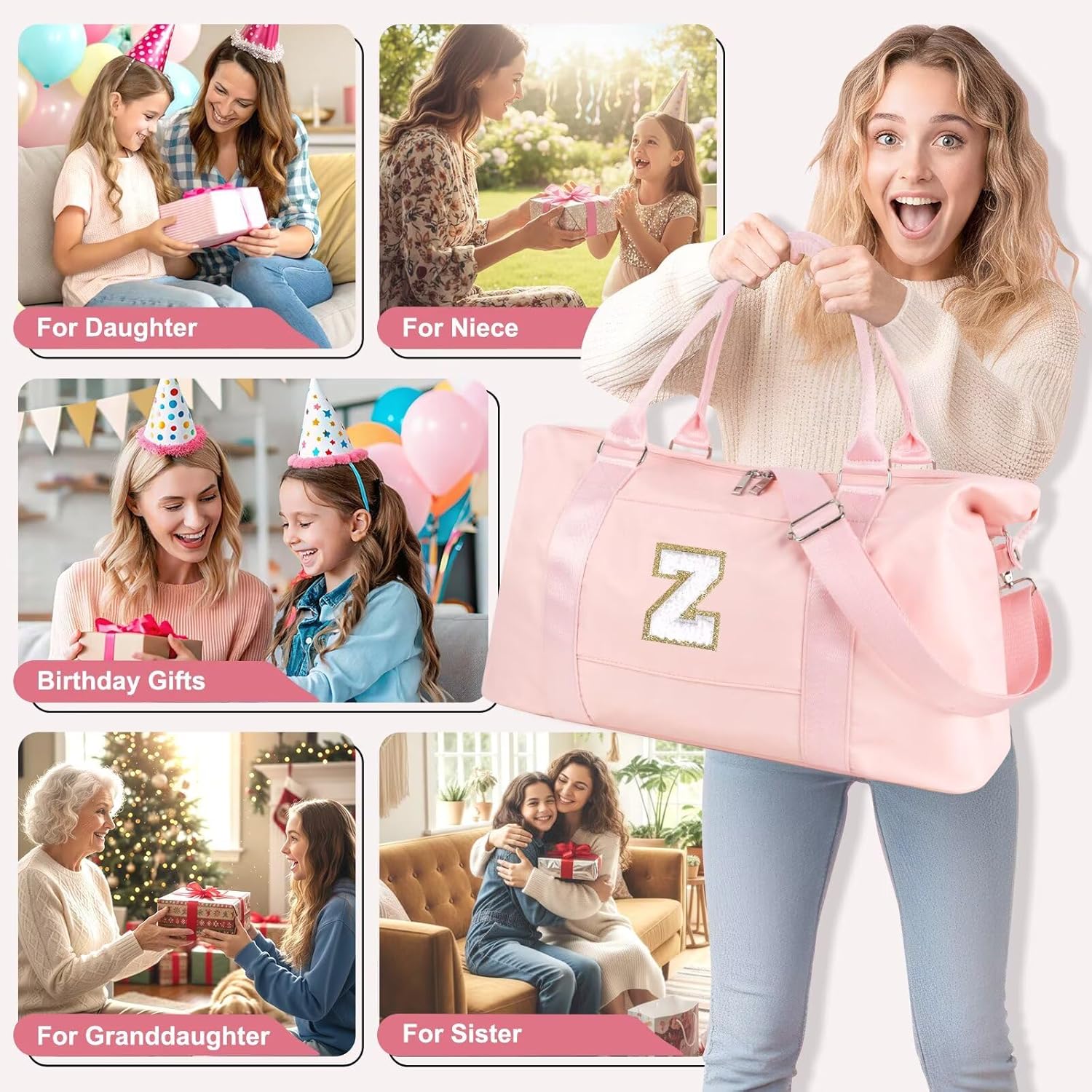 Dance Gym Duffel Bag for Teen Girls, Personalized Initial Travel Weekender Bag,Cute Overnight Carry On Duffle for Women,Sports Travel Cheer Bag,Monogram Christmas Gifts for Tween Preppy(pink-Z) - Image 4