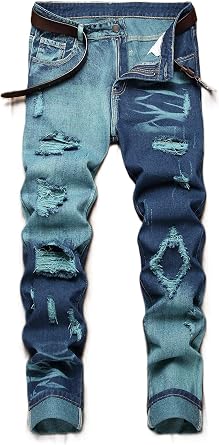 Mens Ripped Jeans Regular Fit Distressed Slim Straight Leg Stacked Biker Fashion Comfort Denim Pants